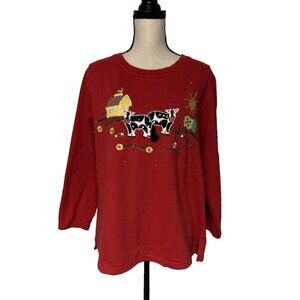 The Quacker Factory Women’s M Sweatshirt Red Embellished Farm Cows Barn